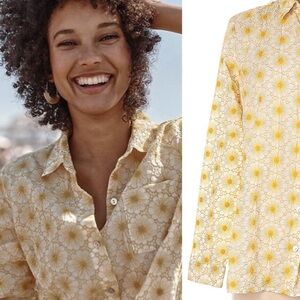 J Jill Embroidered Floral Shirred Back Shirt Button Front Top Yellow XL